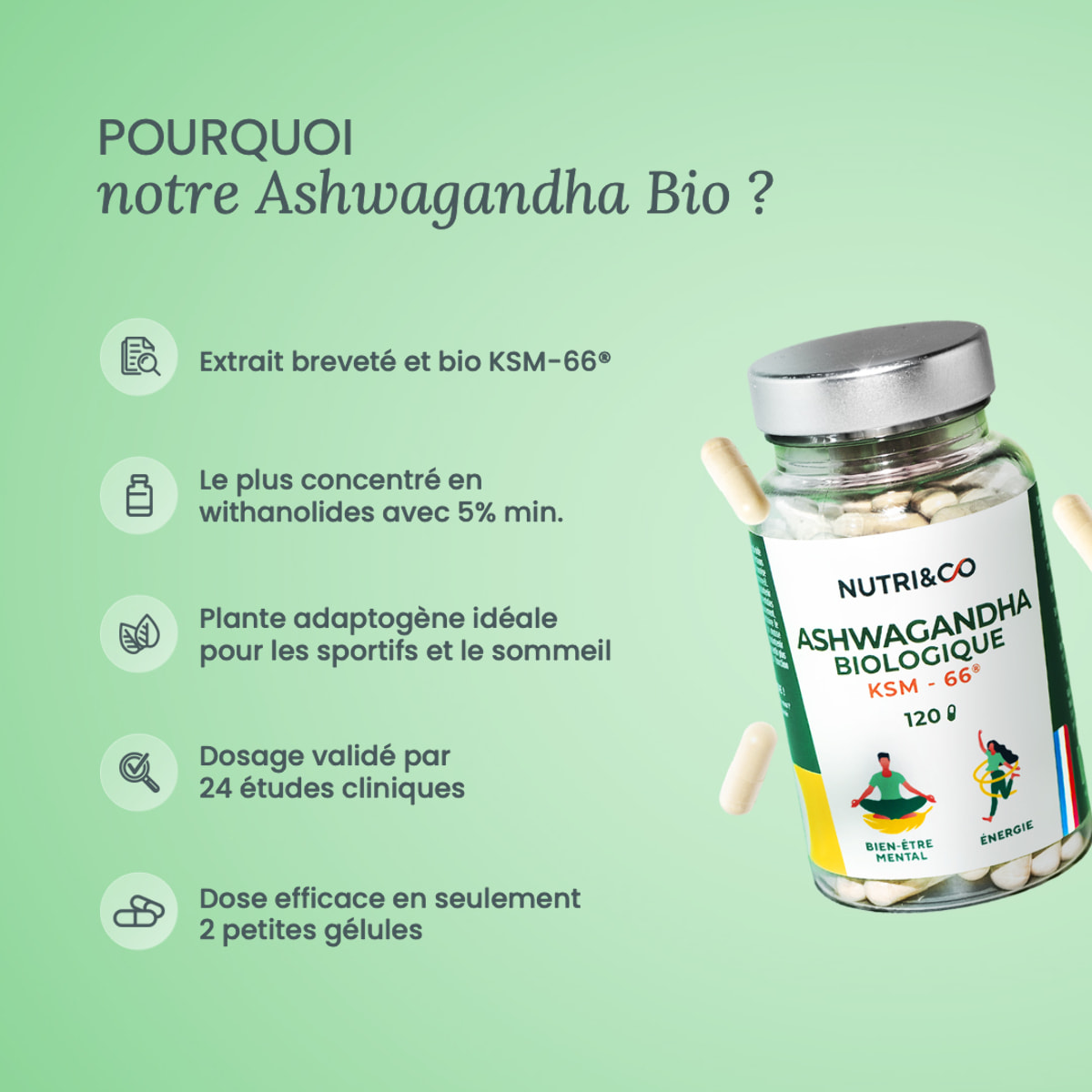 Nutri&Co Ashwagandha Bio KSM-66® Stress Sommeil & Musculation - 120 gélules Vegan