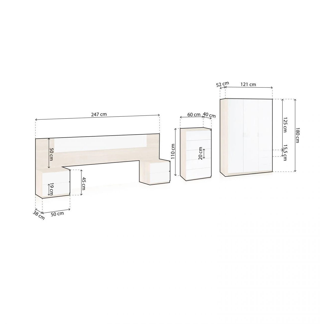 Dormitorio compuesto por 5 piezas en blanco artik y roble canadian Akari 5C Plus Blanco Artik (Blanco Mate) - Roble Canadian
