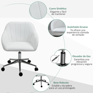 Silla de Oficina Ergonómica Silla de Escritorio Giratoria con Altura Ajustable Respaldo y Reposabrazos de Piel Sintética Carga 120 kg 60x59x79-89 cm Blanco