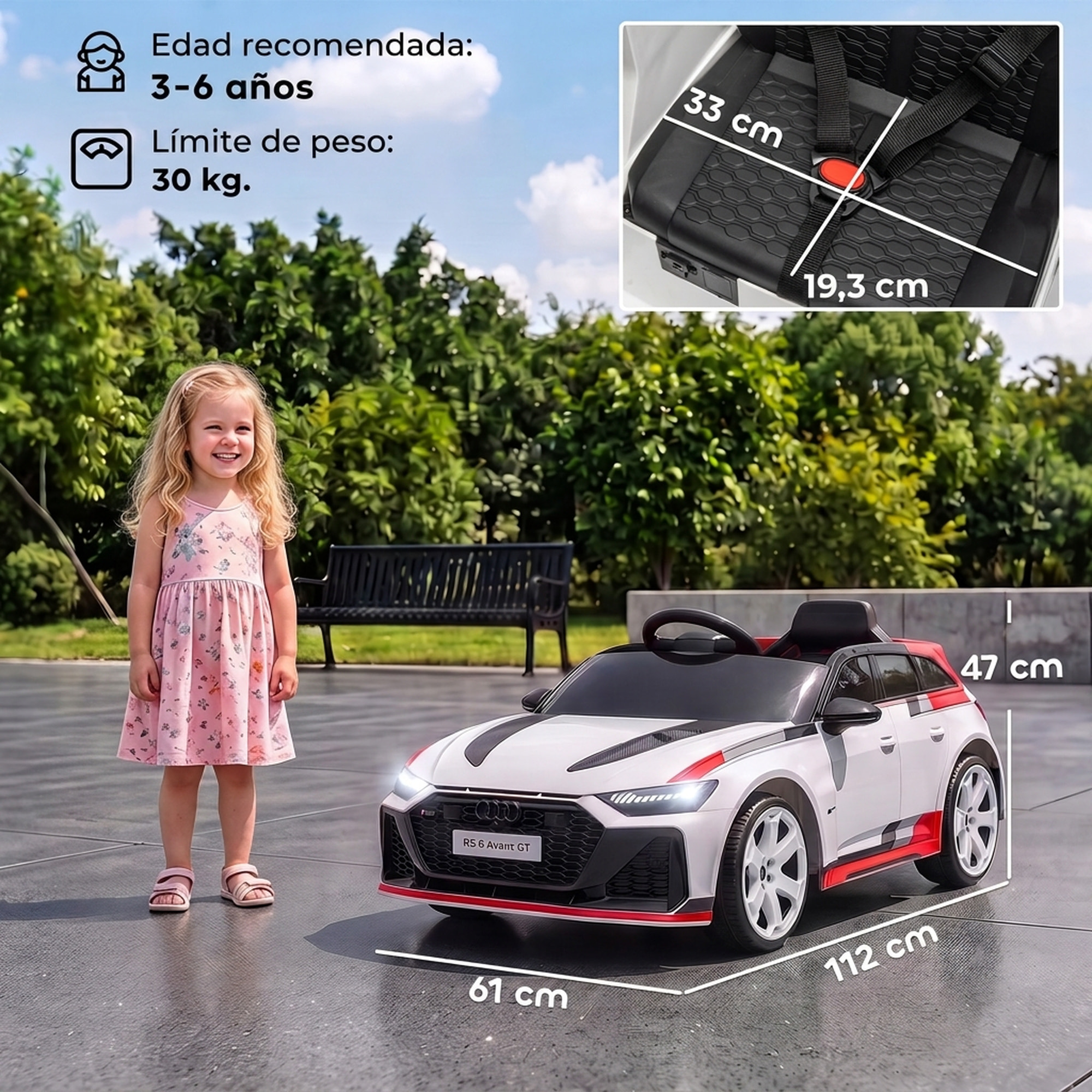 AIYAPLAY Coche Eléctrico para Niños Audi RS 6 Avant GT Coche de Batería 12V con Mando a Distancia 2,4 G Motor Doble Arranque Progresivo Suspensión MP3 Bocina y Faros LED 3-6 Años 3–5 km/h Blanco