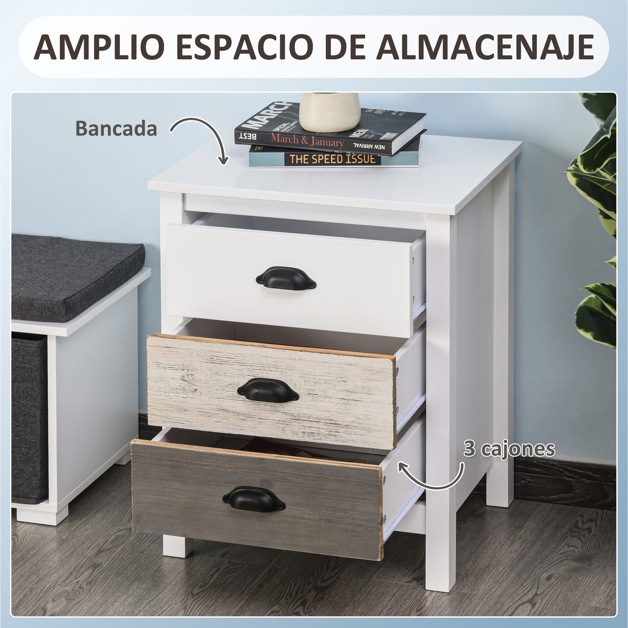 Mesita de Noche Moderna Mesilla de Noche con 3 Cajones Mesa de Noche para Dormitorio Salón 50x38x65 cm Blanco