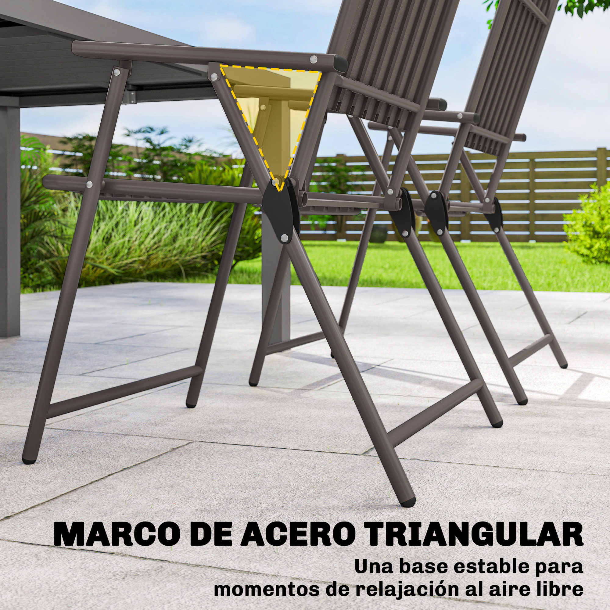 Juego de 4 Sillas de Jardín Exterior Plegables, Sillas Terraza Exterior con Reposabrazos, Respaldo y Asiento de PP, Marco Metálico, 55x63x93 cm, Marrón