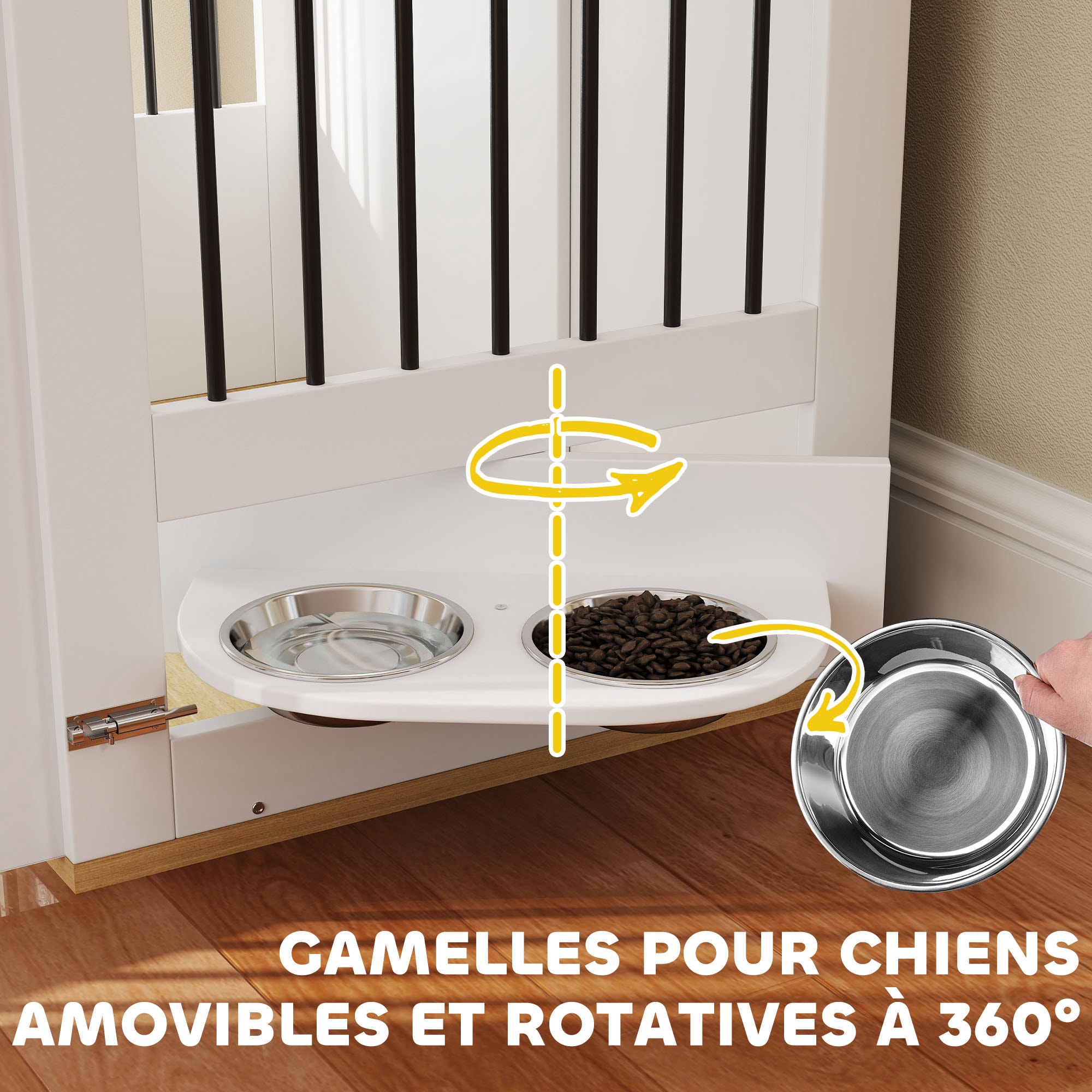 Cage pour chien en bois - 2 portes verrouillables, 2 gamelles rotatives  - 80 x 55 x 71 cm - blanc effet bois clair