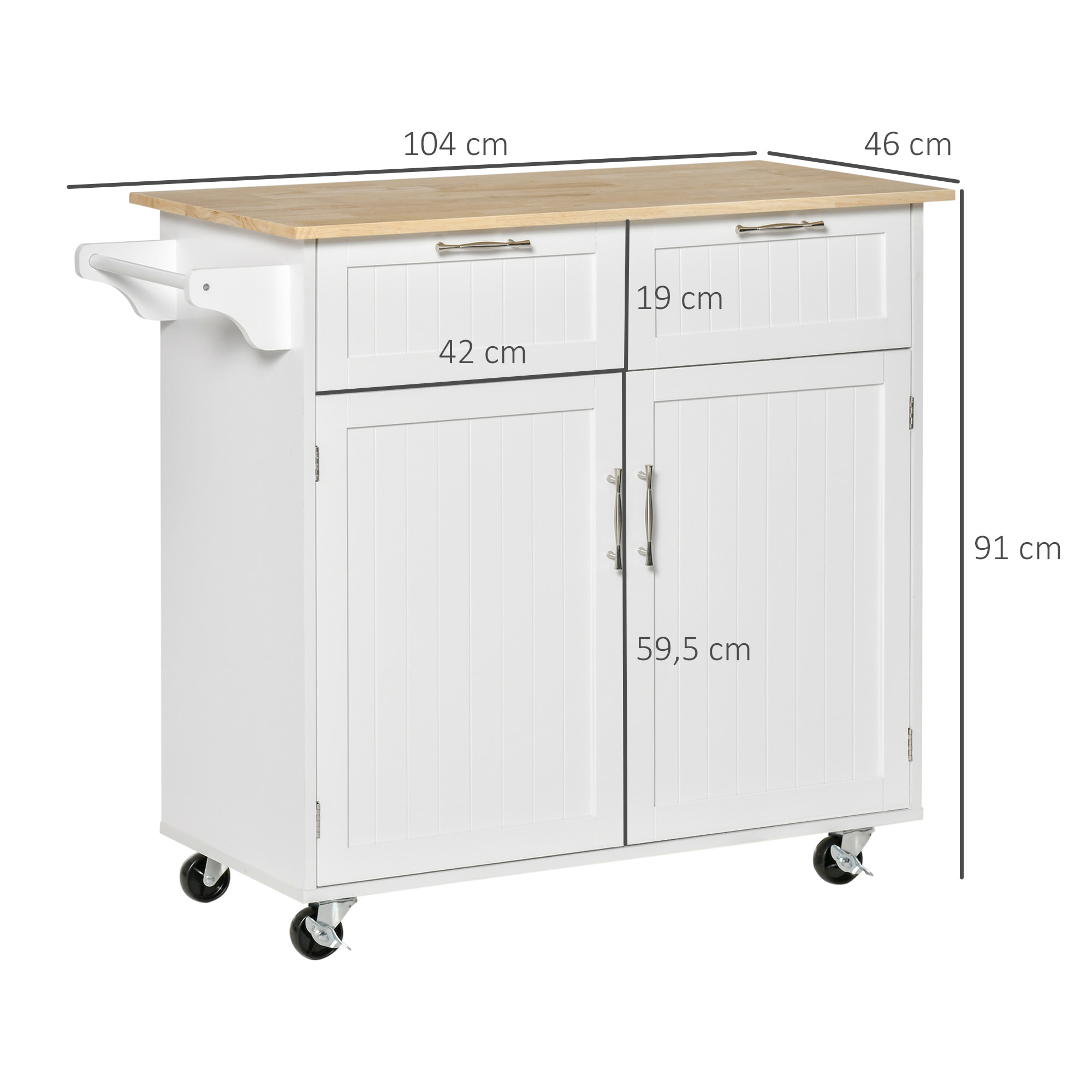 Carro de Cocina con Ruedas Mueble Auxiliar de Cocina con 2 Cajones 2 Puertas Estante Ajustable y Toallero para Comedor Salón 104x46x91 cm Blanco
