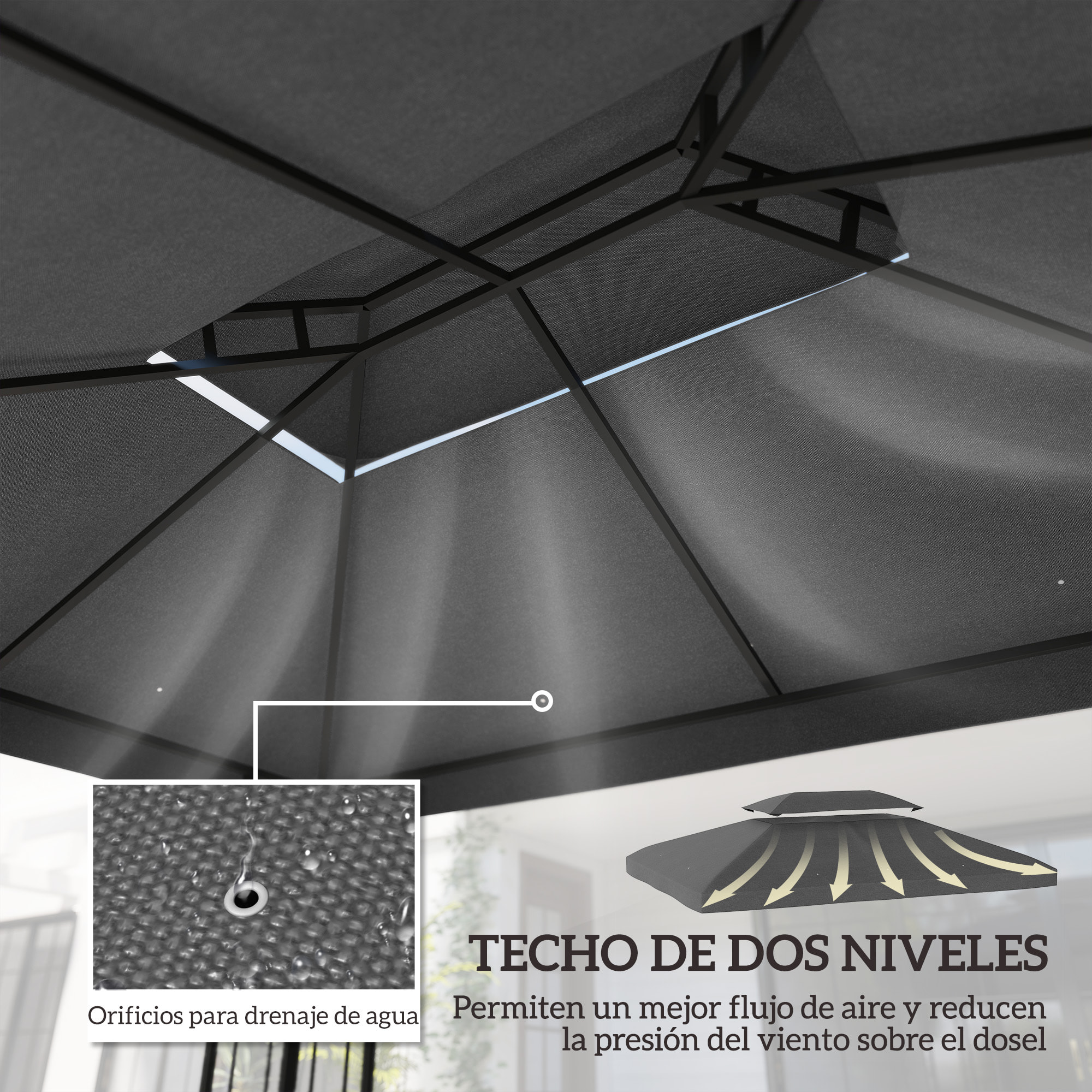 Techo de Repuesto para Cenador, 4x3 m, Cubierta de Repuesto con Techo Doble, 10 Orificios de Drenaje y Protección UV, SOLO Toldo de Recambio para Pabellón Gazebo, Gris Oscuro