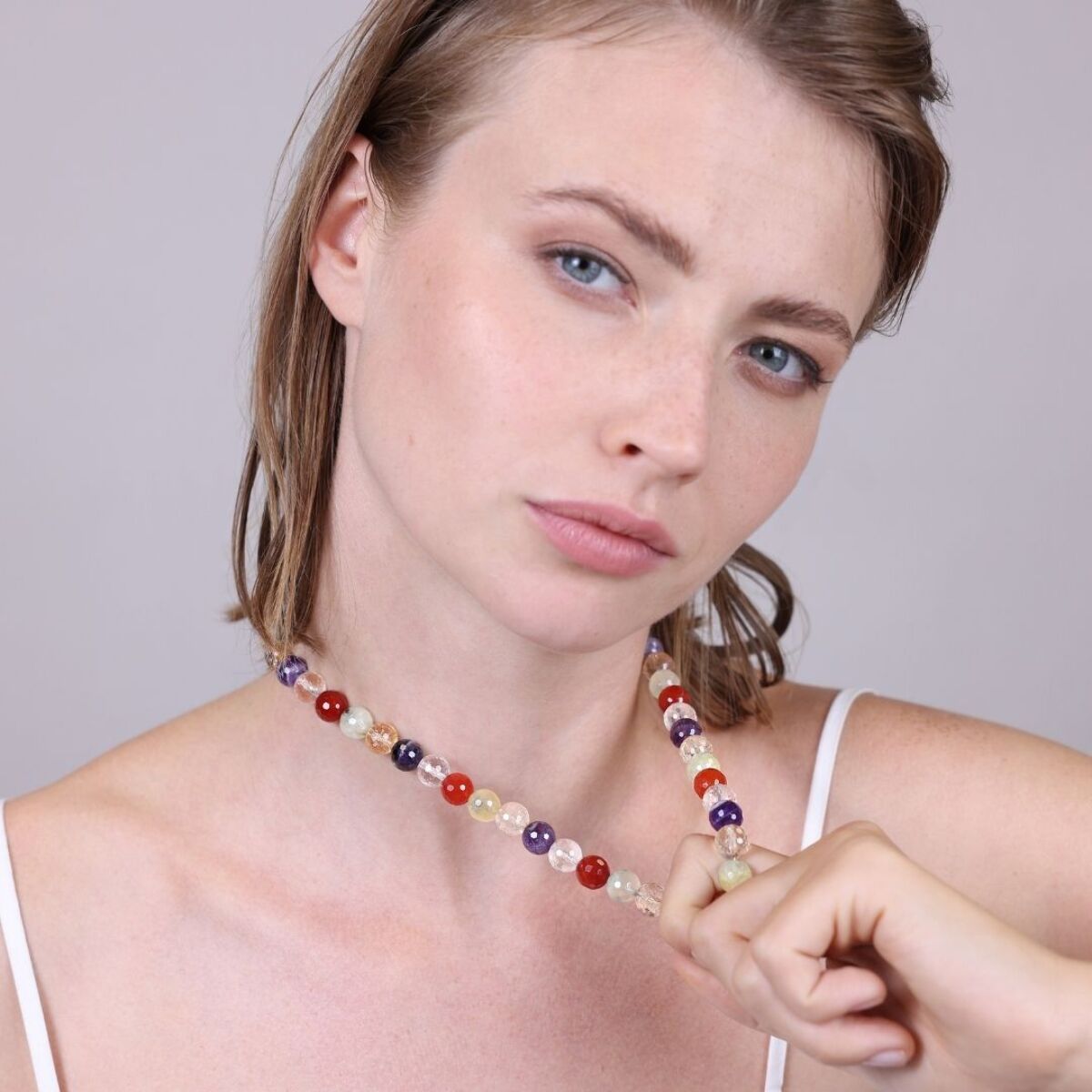 Collana Girocollo con Sfere di Pietra Naturale Quarzo Multicolore