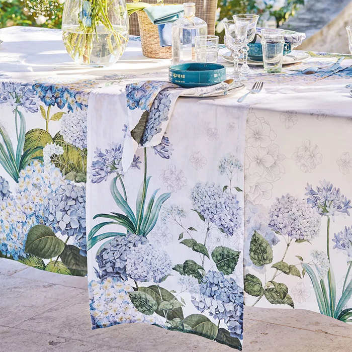 Chemin de table lin & coton 165 g/m² imprimé multicolore Jardin de bretagne bleu