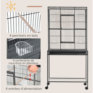 Cage à oiseaux portable avec 4 mangeoires et 4 perchoirs pratique 81 x 48 x 162 cm noir et gris