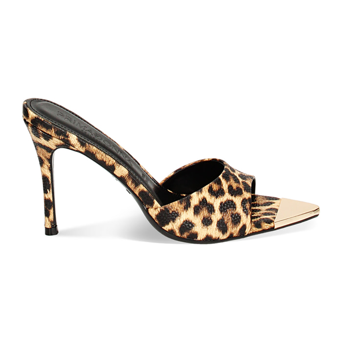 Mules open toe donna leopard, tacco 9,5 cm