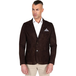 Blazer in pelle scamosciata color marrone con taschino e fazzoletto