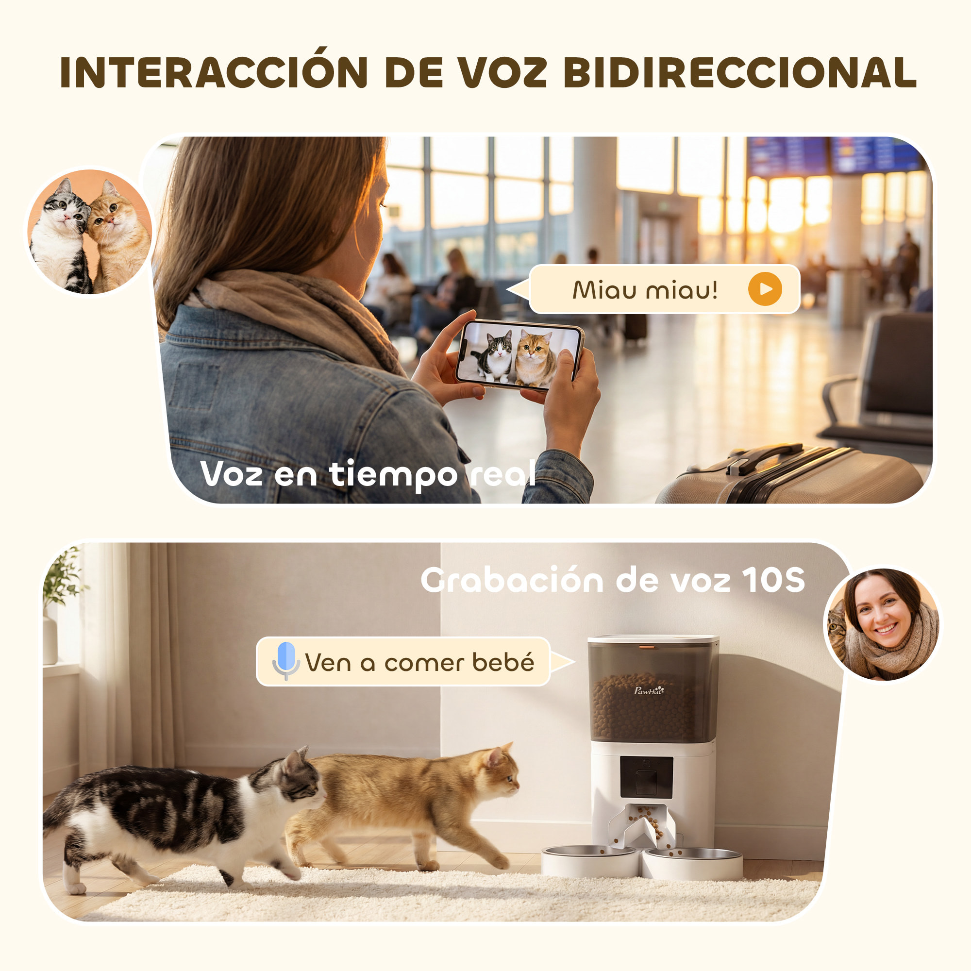 Comedero Automático 6L WiFi 2.4G, Dispensador de Comida para Gatos y Perros con Control App, 2 Cuencos, Programable 1-10 Comidas, Grabadora Voz 10s, 2 Fuentes de Alimentación, Fácil de Limpiar