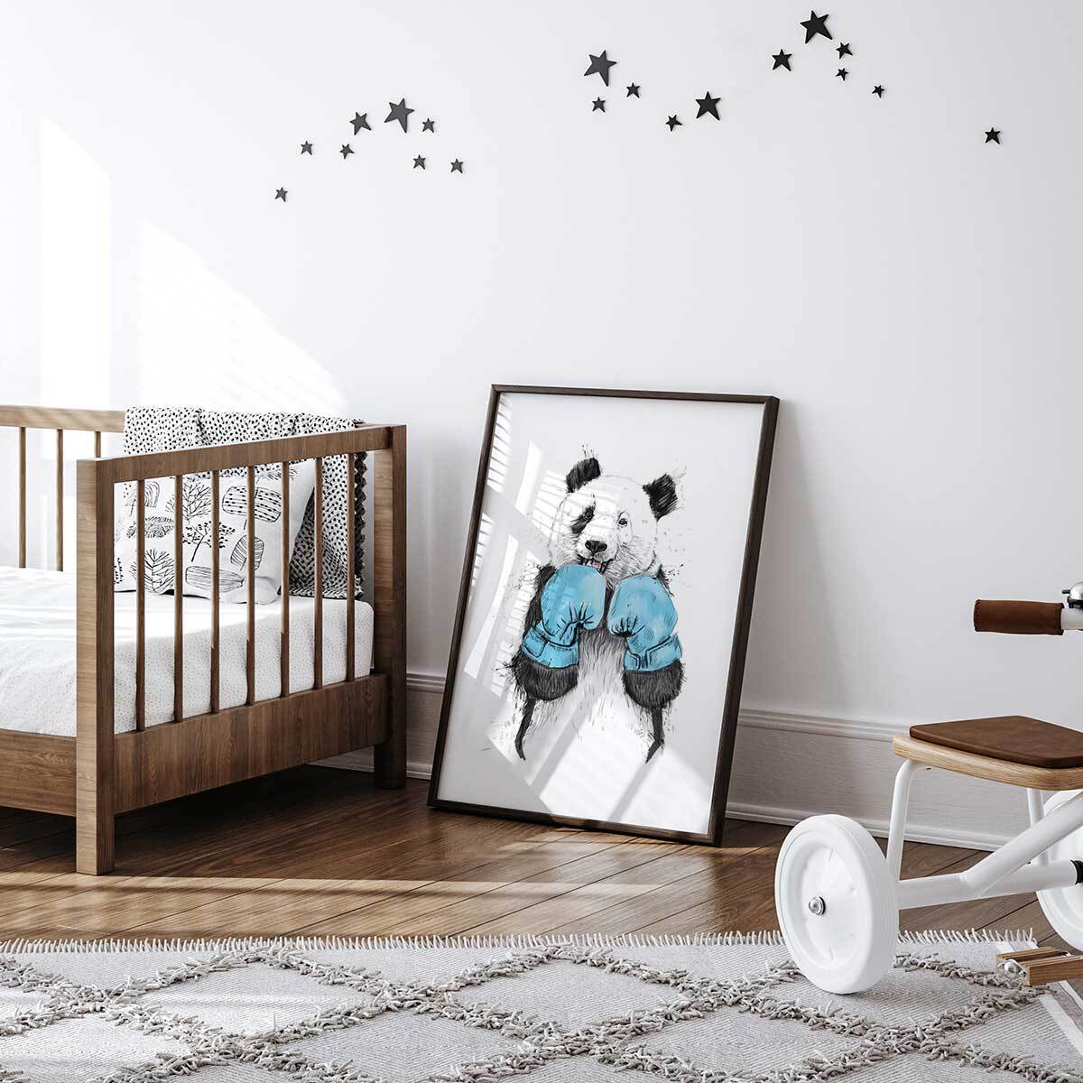 Affiche enfant boxe panda  Affiche + cadre en bois - Noir