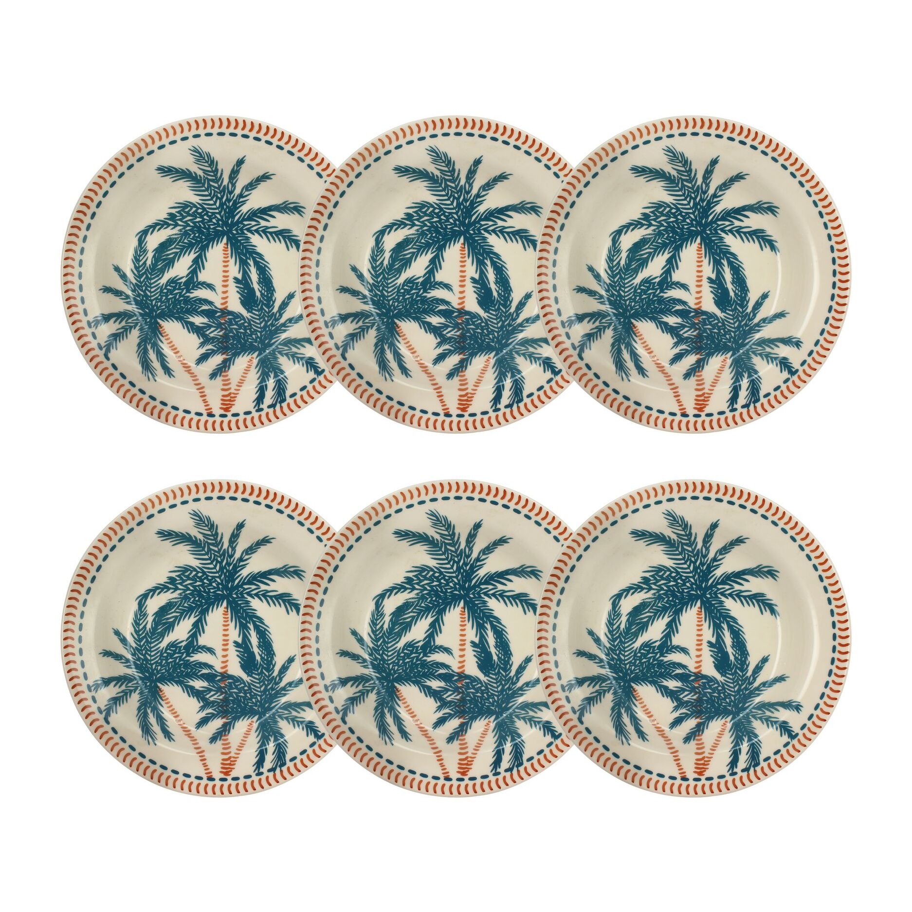 Lot de 6 assiettes creuses dessin tropical en grès 21,5cm TROPIQUE