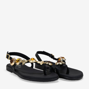 Sandalias planas negras en piel con tira joya