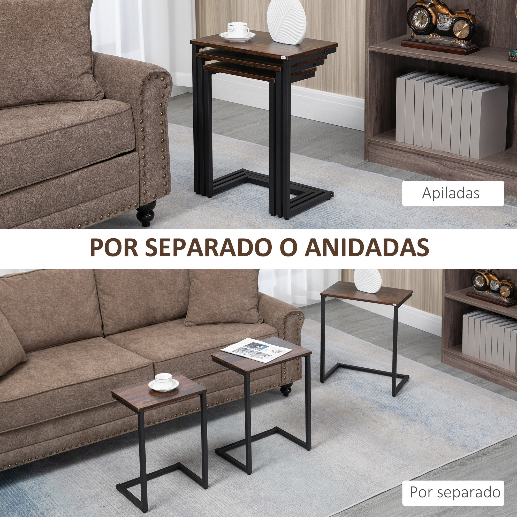 HOMCOM Juego de 3 Mesas Auxiliares Mesas Nido Industrial en Forma de C con Patas de Acero para Salón Dormitorio Oficina 45x30x60 cm 40x28x56 cm y 34x25x50 cm Marrón Rústico