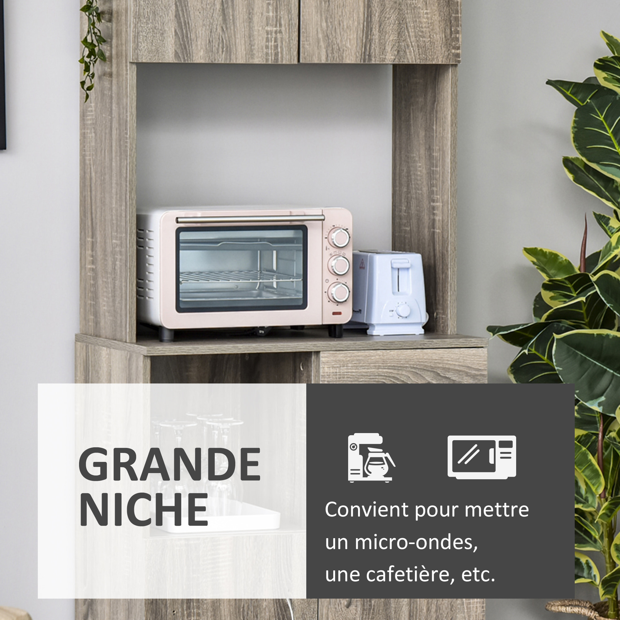 HOMCOM Armoire de cuisine multi-rangements 3 placards 2 niches tiroir panneaux particules classe E1 aspect chêne gris