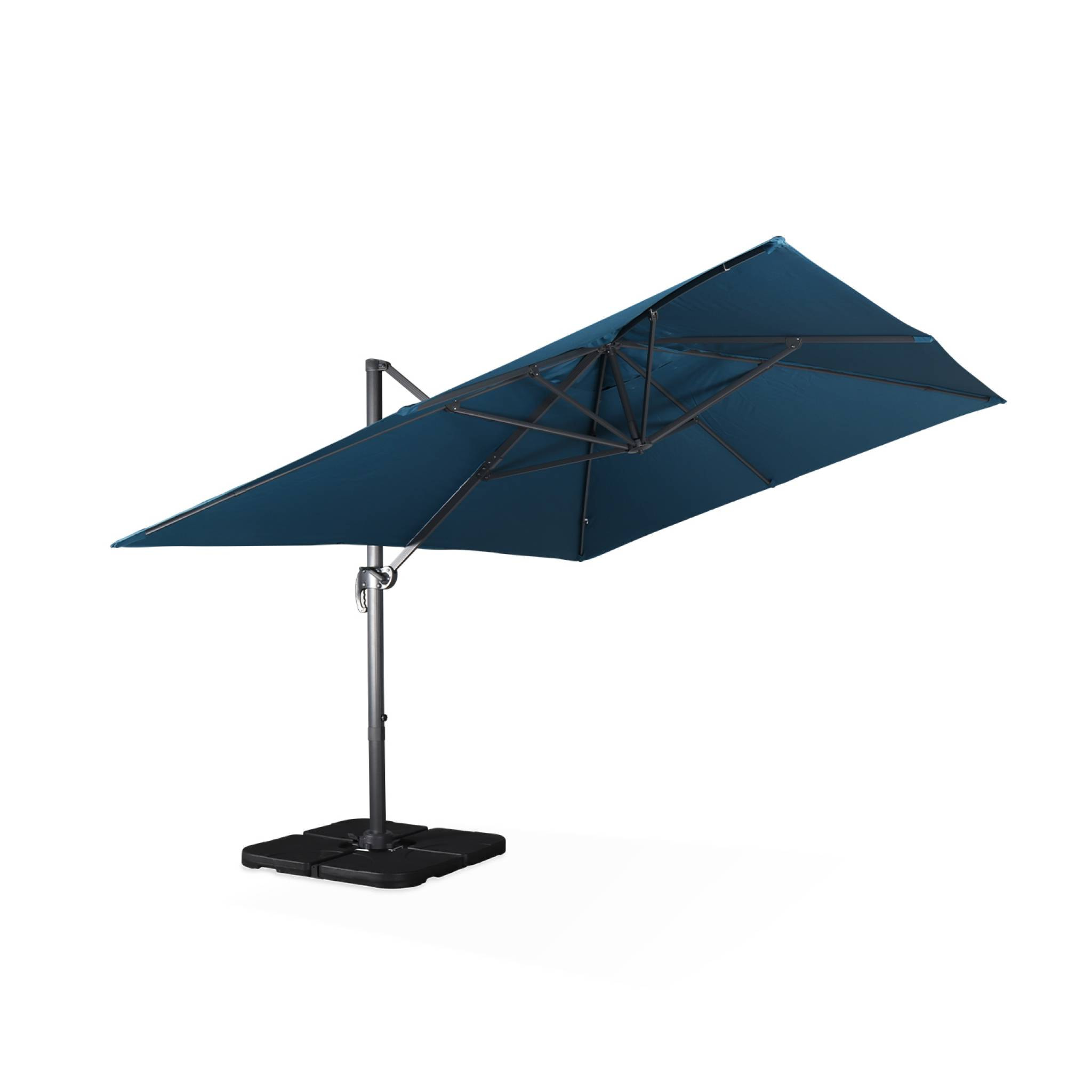 Parasol déporté rectangulaire bleu canard 3x4m + dalles à lester 50x50cm