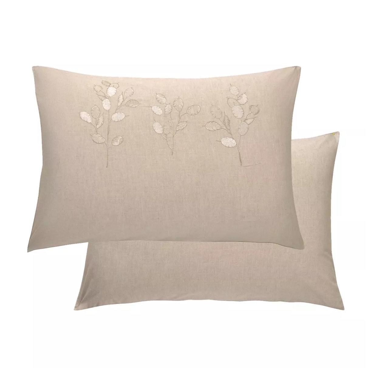 Taie d'oreiller pur coton lavé tissé teint brodé beige Monnaie du pape naturel