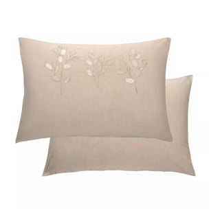 Taie d'oreiller pur coton lavé tissé teint brodé beige Monnaie du pape naturel