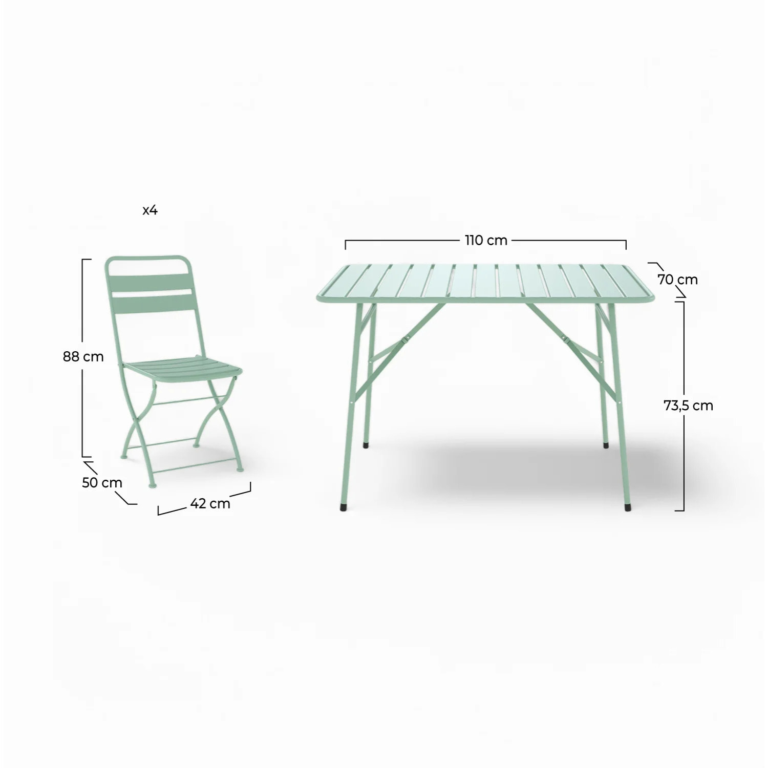 Table et chaises de jardin pliantes 4 personnes en métal vert - Yumi