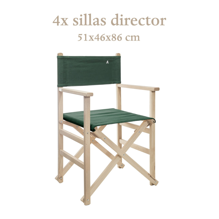 Set de 4 sillones director plegables estructura sin barniz y lona color verde oscuro