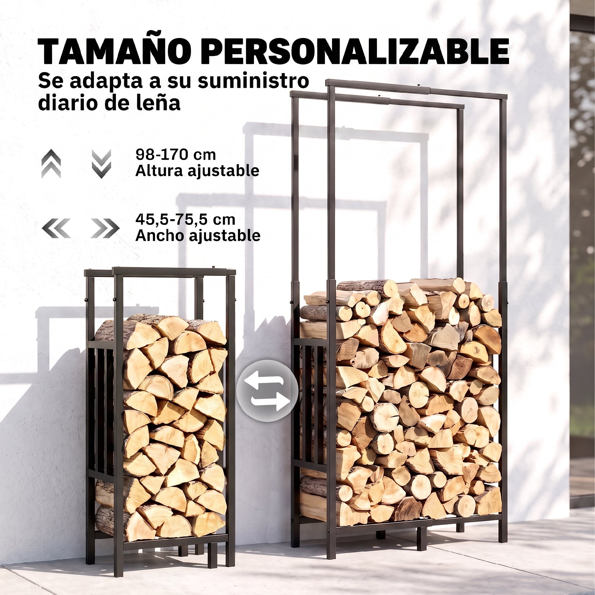 Estante de Leña de Acero Robusto, Leñero Exterior con Ancho y Alto Ajustables, Soporte para Leña de Chimenea para Interior y Exterior, Carga 100 kg, 45,5-75,5x25x98-170 cm, Negro