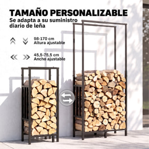 Estante de Leña de Acero Robusto, Leñero Exterior con Ancho y Alto Ajustables, Soporte para Leña de Chimenea para Interior y Exterior, Carga 100 kg, 45,5-75,5x25x98-170 cm, Negro