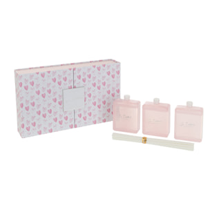 J-Line huile parfumée + bâtons Je T'aime - Mimosa & Rose - verre - rose - boîte de 3