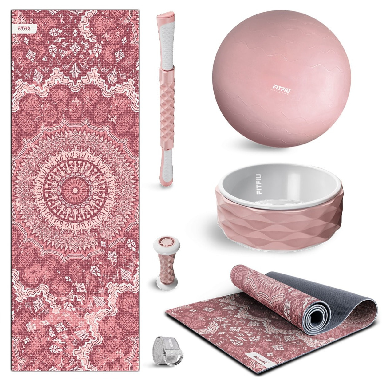 Kit de yoga et Pilates ROSE 6 accessoires avec tapis, ballon, roue, masseurs et sangle