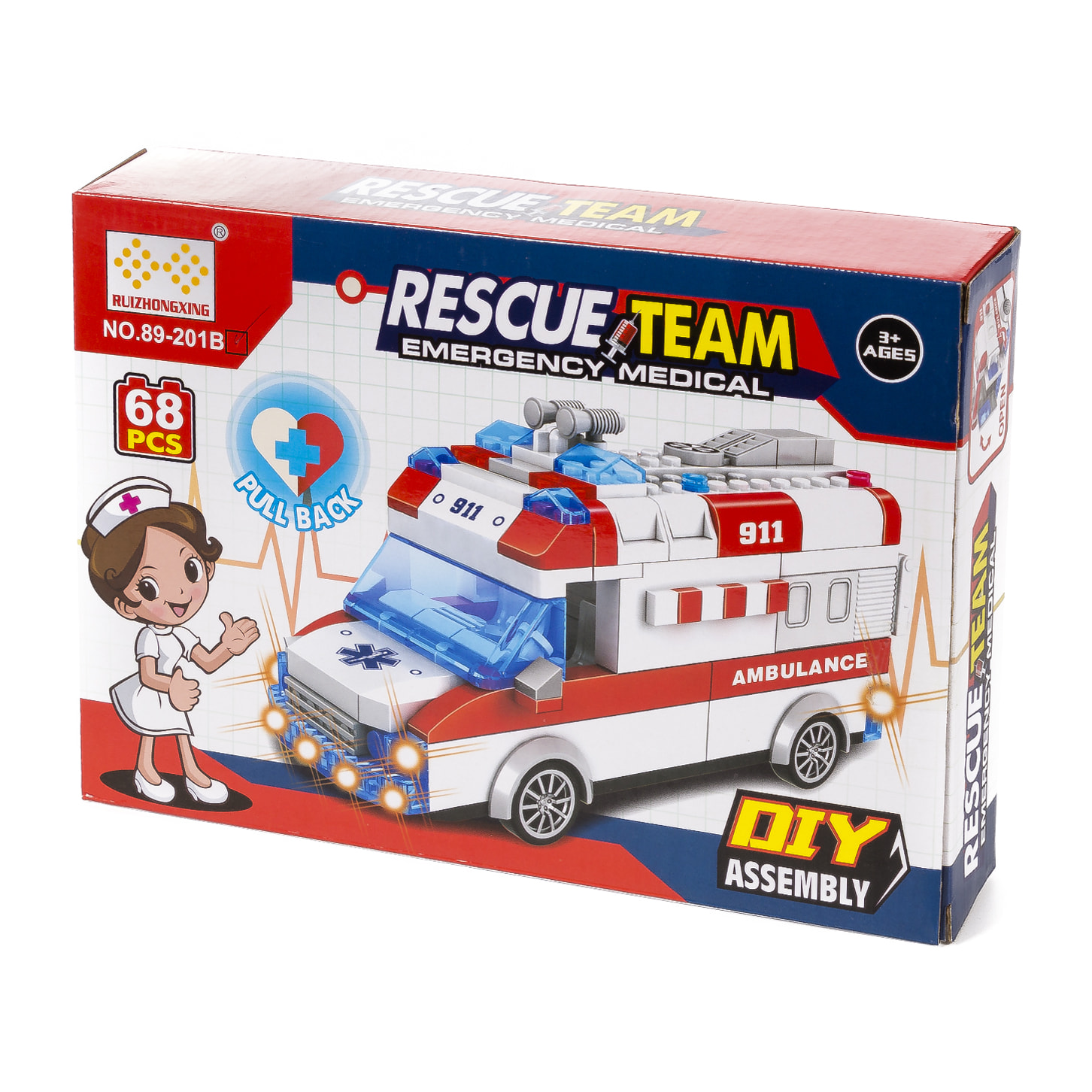 Ambulanza con luci ed effetti sonori. Da costruire, 68 pezzi. Funzionamento per inerzia di ritorno.