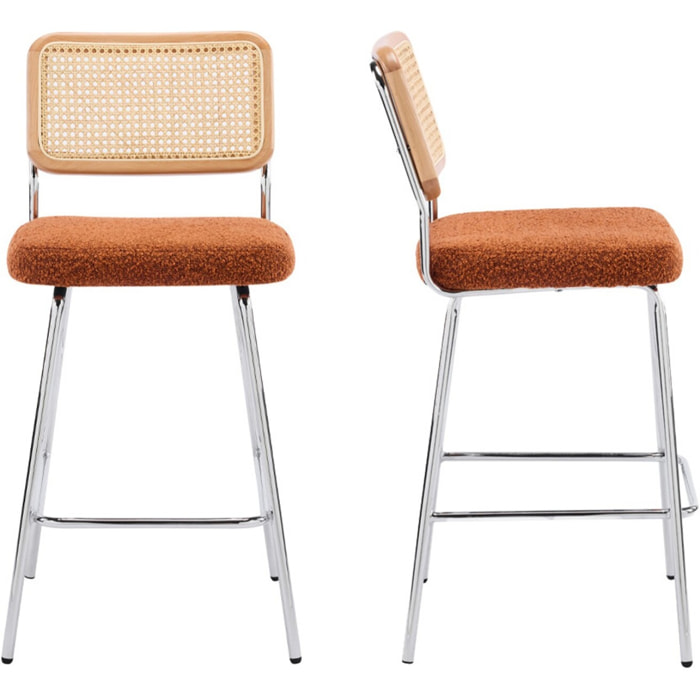 Lot de 2 chaises de bar en cannage et tissu bouclé, piètement chromé - MUSE