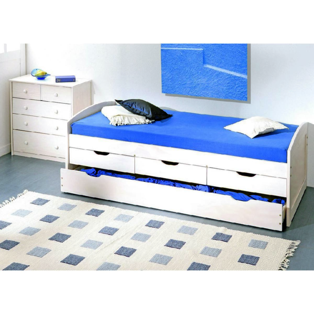 Letto con cassetti contenitore e secondo letto inferiore a estrazione in pino massello verniciato ad acqua bianco, 98 x 205 x 63 cm