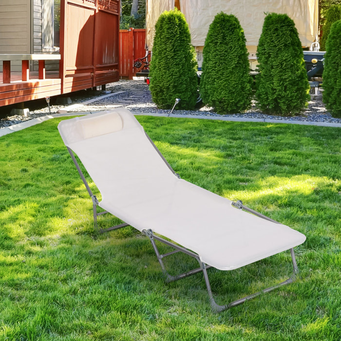 Tumbona Plegable y Reclinable con Reposacabezas y Respaldo Ajustable Crema