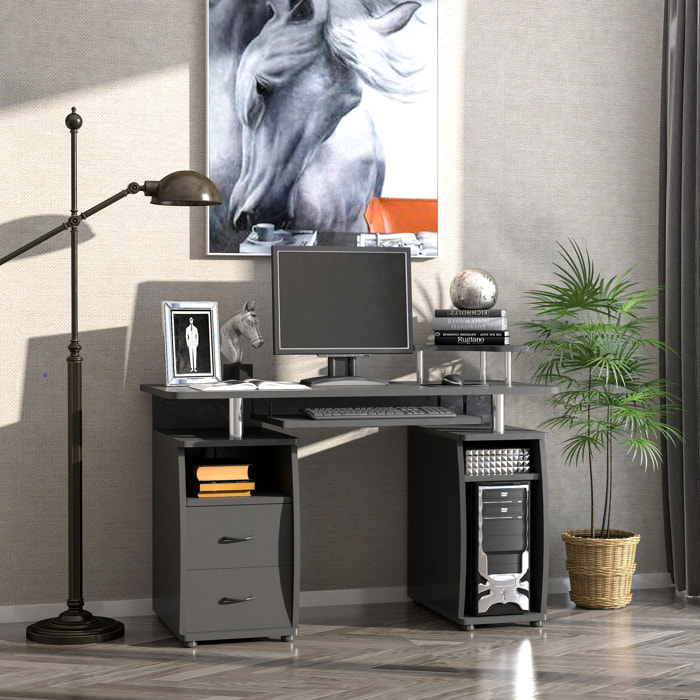 Mesa de Ordenador PC 120 cm Mesa Escritorio de Oficina con Múltiples Estantes 2 Cajones Bandeja de Teclado y Soportes para Monitor CPU 120x55x85 cm Negro