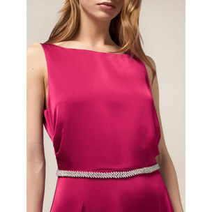 Oltre - Vestito lungo in raso con cintura gioiello - Fucsia