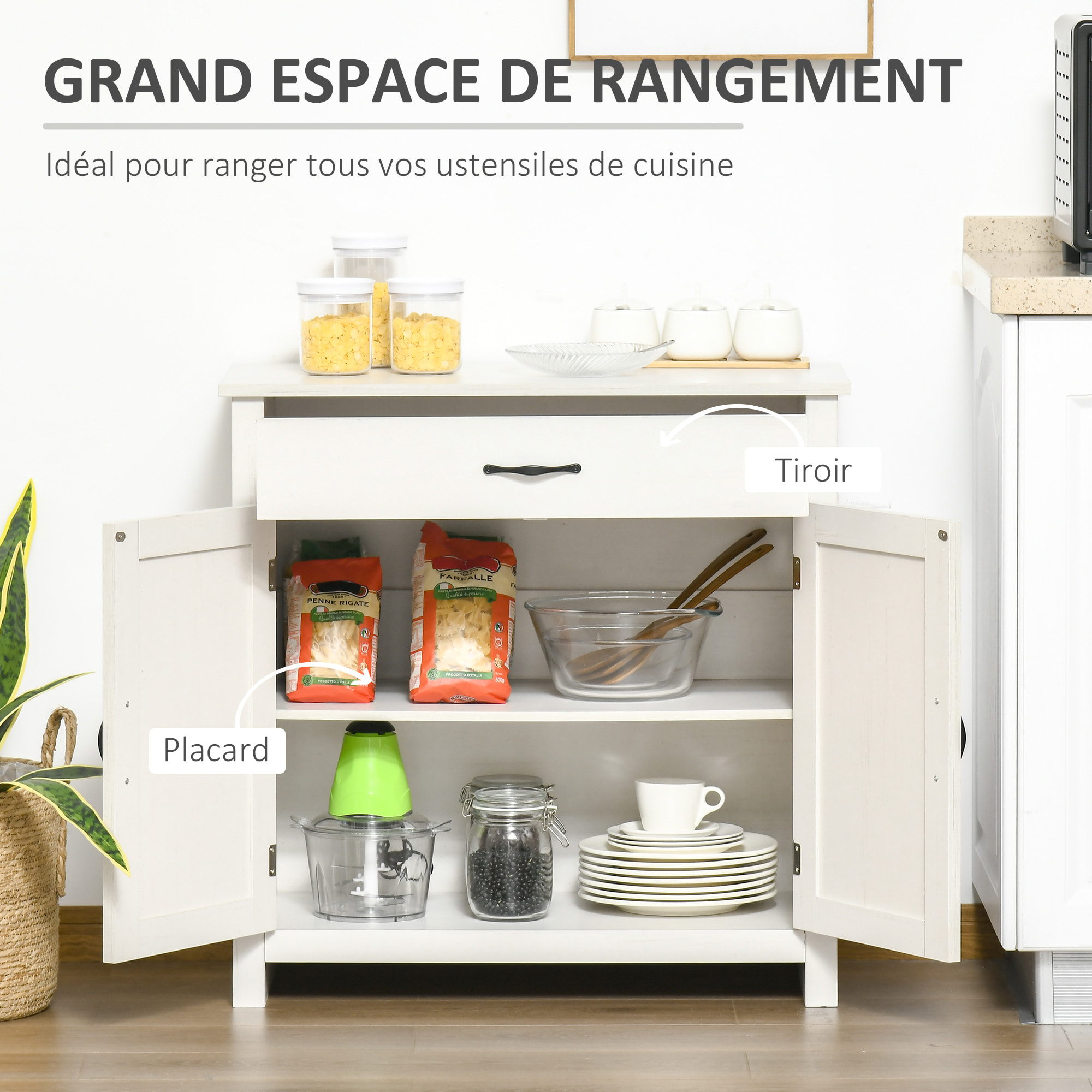 Buffet 2 portes tiroir style rural chic placard avec étagère poignées métal noir aspect bois blanc