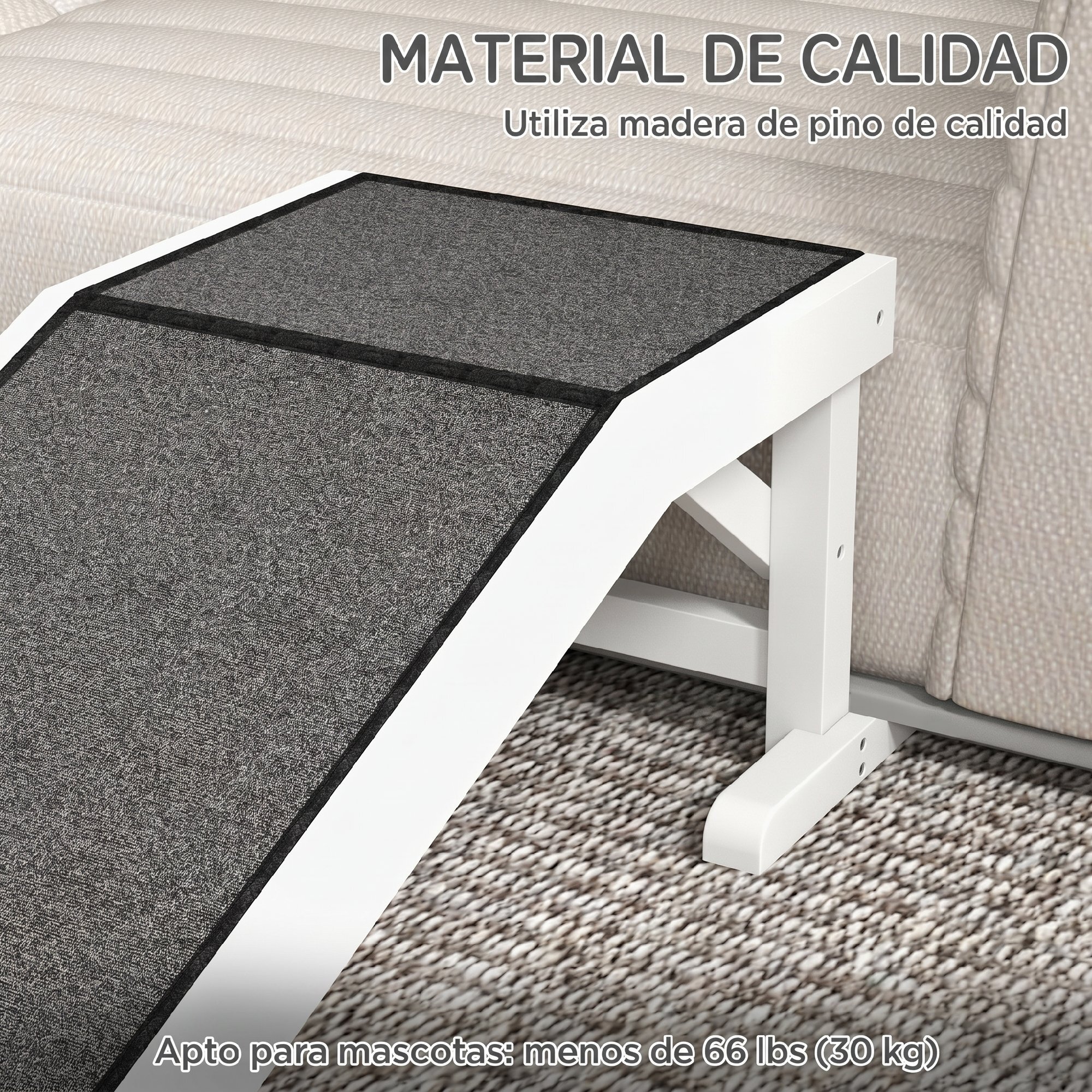 Rampa para Perros de Madera Rampa para Mascotas para Cama/Sofá con Alfombra Antideslizante para Perros Pequeños Medianos y Grandes 125x40x35,5 cm Blanco y Gris