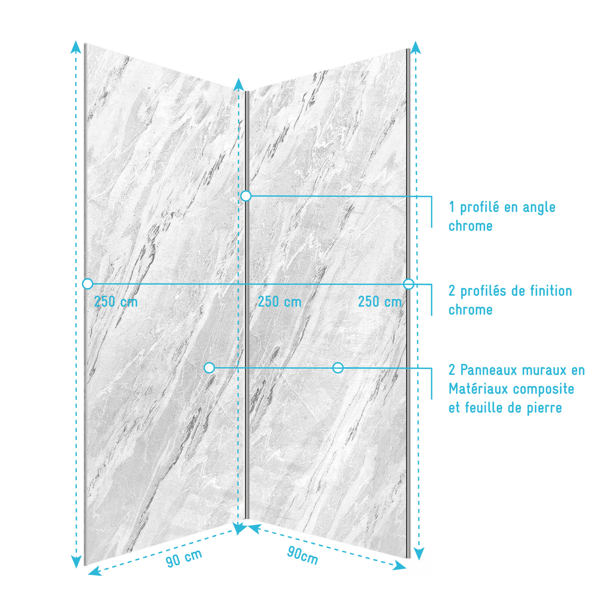 Pack 2 Panneaux Muraux Pierre Artic Storm 90x250cm + Profilés Chrome - STONE'IT