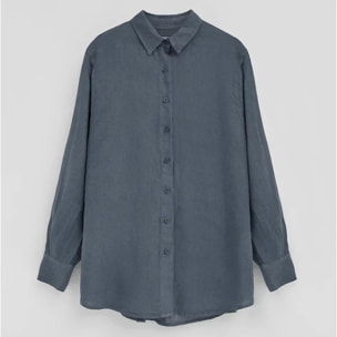 Camisa azul denim de lino con corte relajado y bordado Polo Club