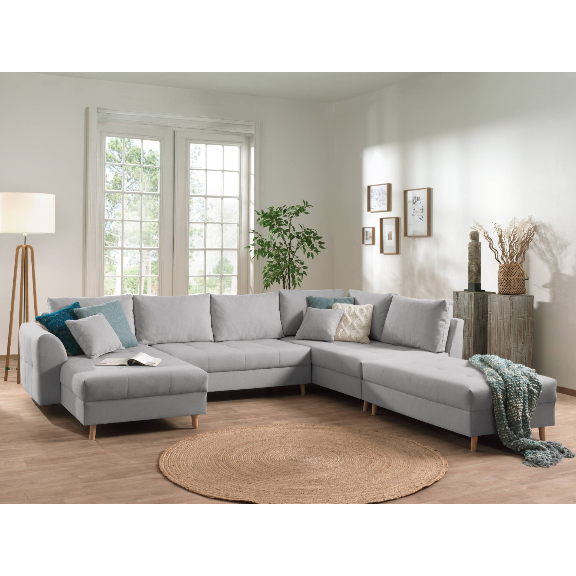 Rune - canapé panoramique - avec pouf d'appoint - 7 places - style scandinave - droit - Gris clair