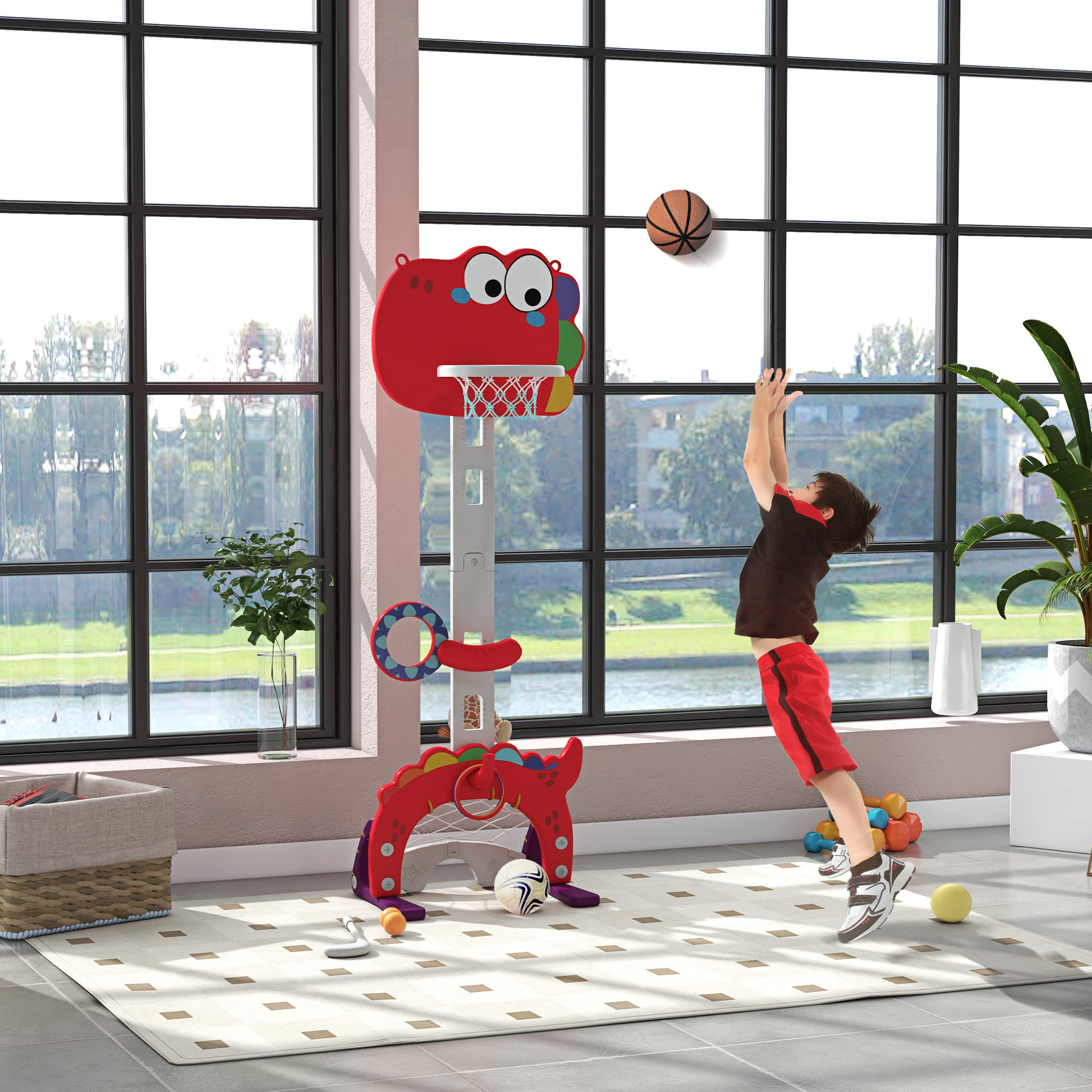 Canasta de Baloncesto Infantil 5 en 1 Canasta de Baloncesto para Niños Altura Ajustable con Fútbol ​​Golf Lazo Juego de Lanzamiento de Pelota para Interior Rojo