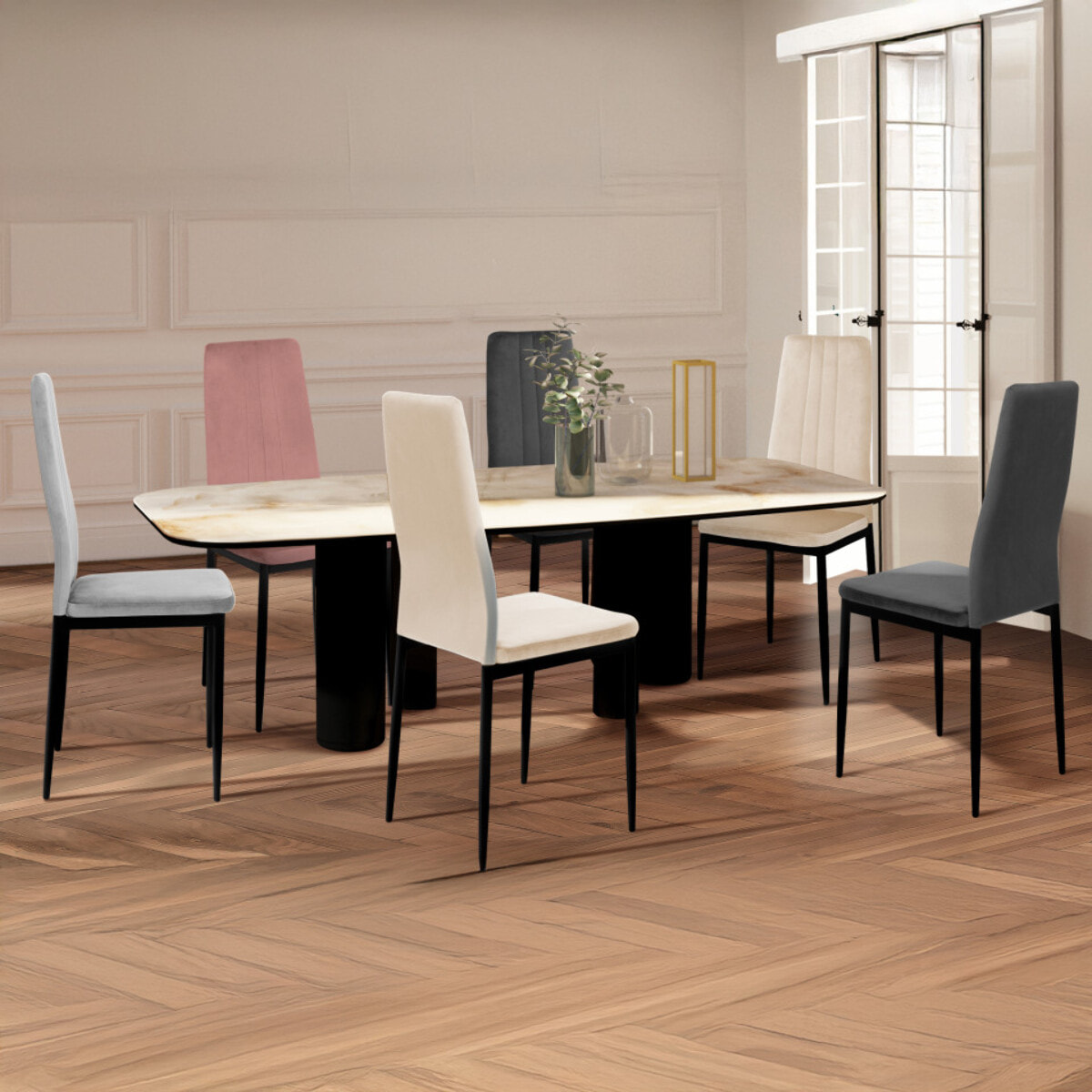 Chaises Jade en velours et pieds noirs - Mix color - Crème, gris clair, gris foncé, rose