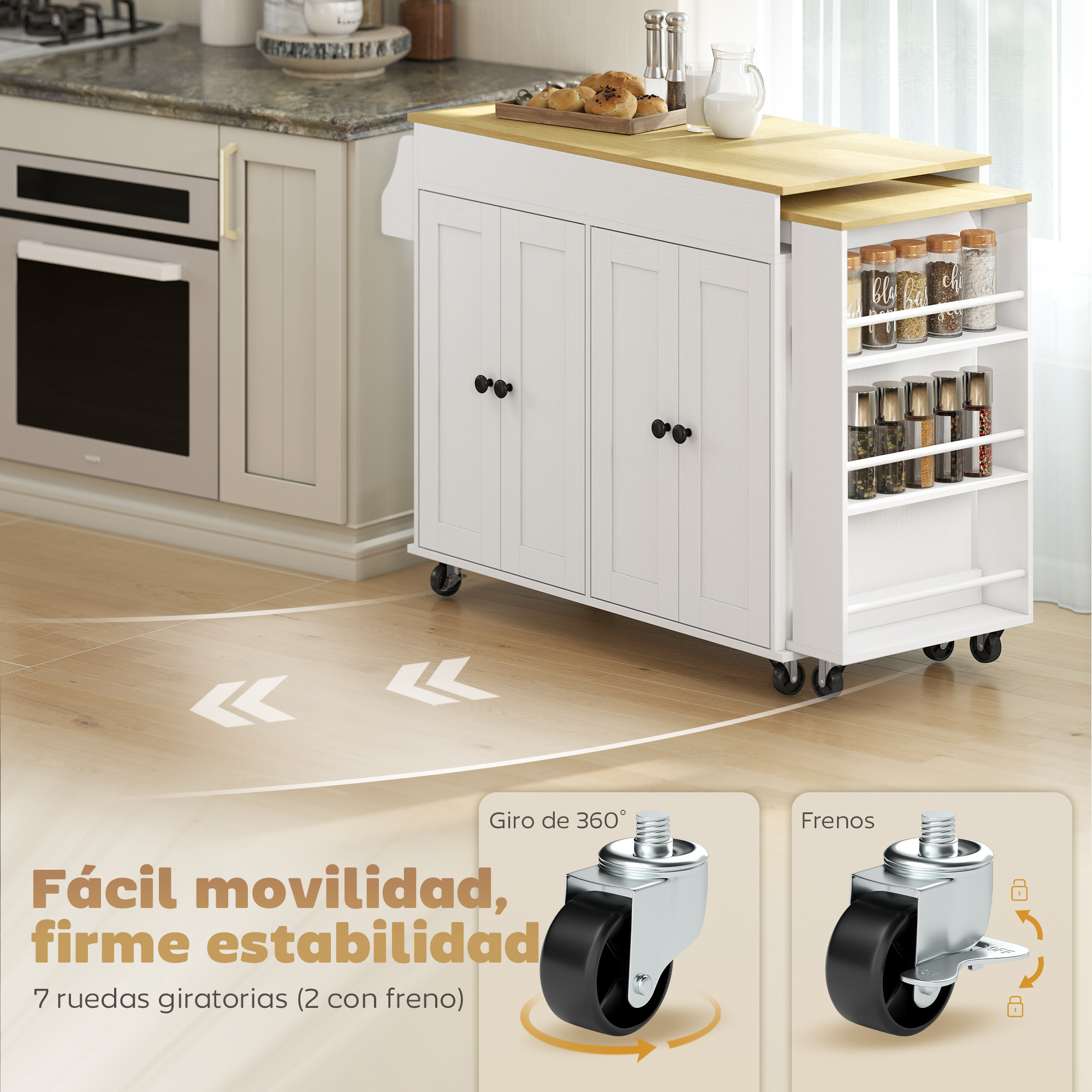 Isla de Cocina con Ruedas, Encimera Extensible, Carro de Cocina con 4 Puertas, Estantes Ajustables, Estantería Lateral Abierta, Especiero y Soporte para Toallas, para Comedor, Blanco