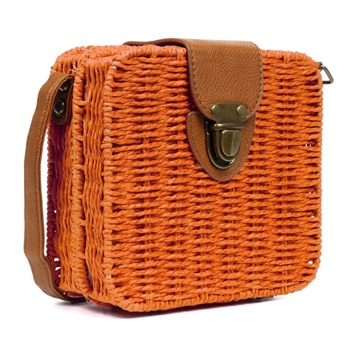 IRIA QUINTANA Borsa a tracolla da donna Empoli. Tessuto di paglia in pelle sintetica PU. 18x7x17 cm. Arancia