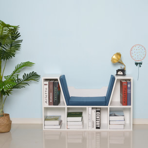 Bibliothèque banc 2 en 1 design contemporain 6 casiers 3 coussins fournis 102L x 30l x 61H cm blanc bleu