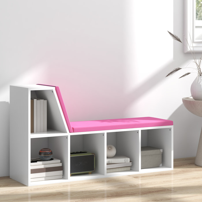 Bibliothèque banc 2 en 1 design contemporain 5 casiers 2 coussins fournis 108L x 30l x 60H cm blanc rose