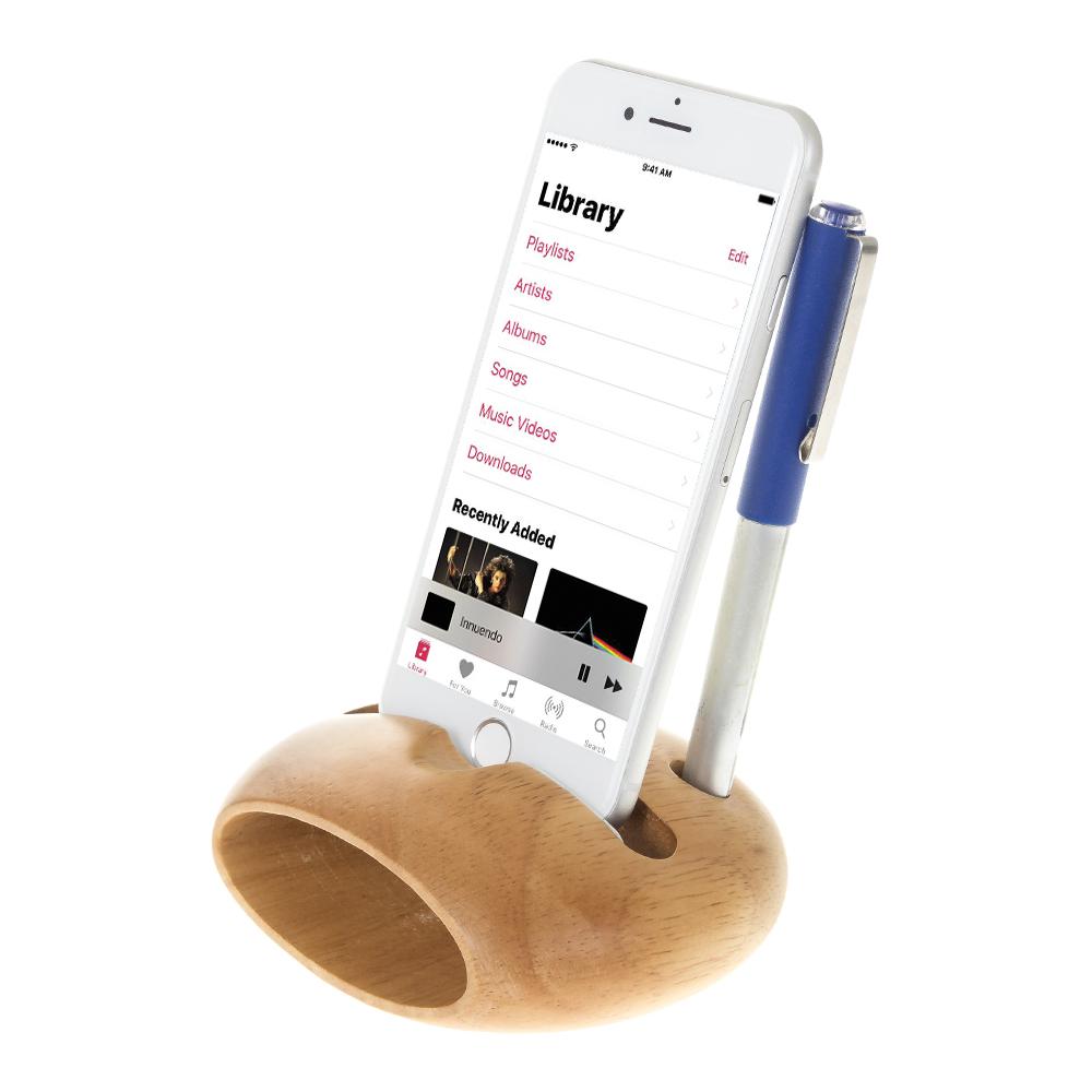 Soporte de madera para smartphone con amplificador de sonido y soporte para bolígrafo.