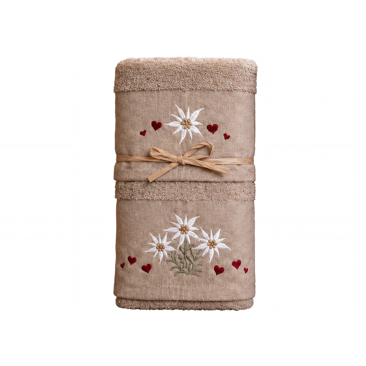 Set Asciugamano Ospite in Spugna 100% Cotone Fantasia Tirolese Natalizia Disegno Fiore delle Alpi Tortora
