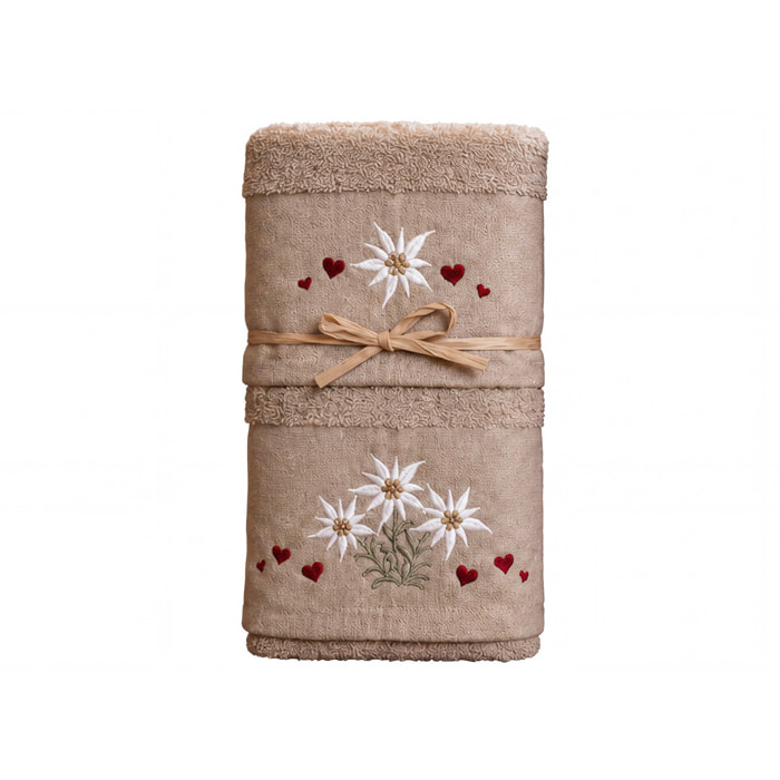 Set Asciugamano Ospite in Spugna 100% Cotone Fantasia Tirolese Natalizia Disegno Fiore delle Alpi Tortora