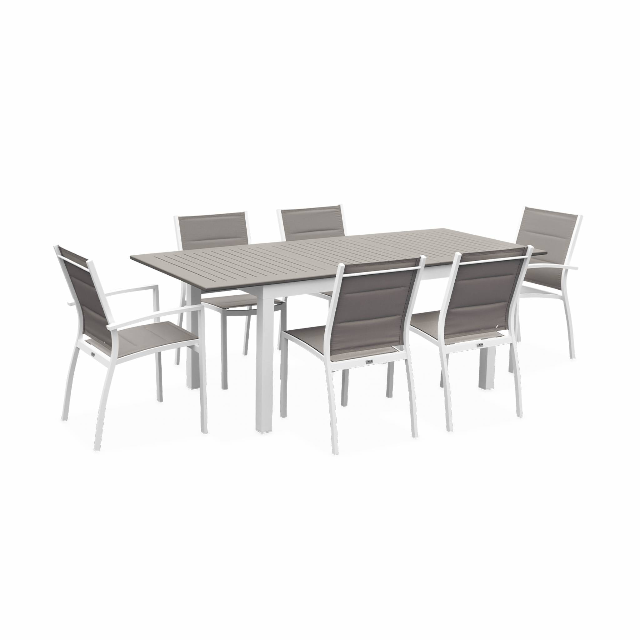 Table de jardin extensible aluminium + 6 assises - Chicago 210 Taupe - Table en aluminium 150/210cm avec rallonge et 6 assises en textilène